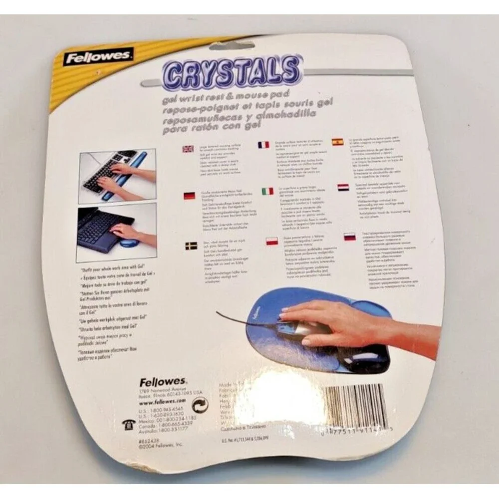 Fellowes Gel Crystals Mouse Pad w/Wrist Rest Rubber Back 8 x 9-/4 Blue #862439
